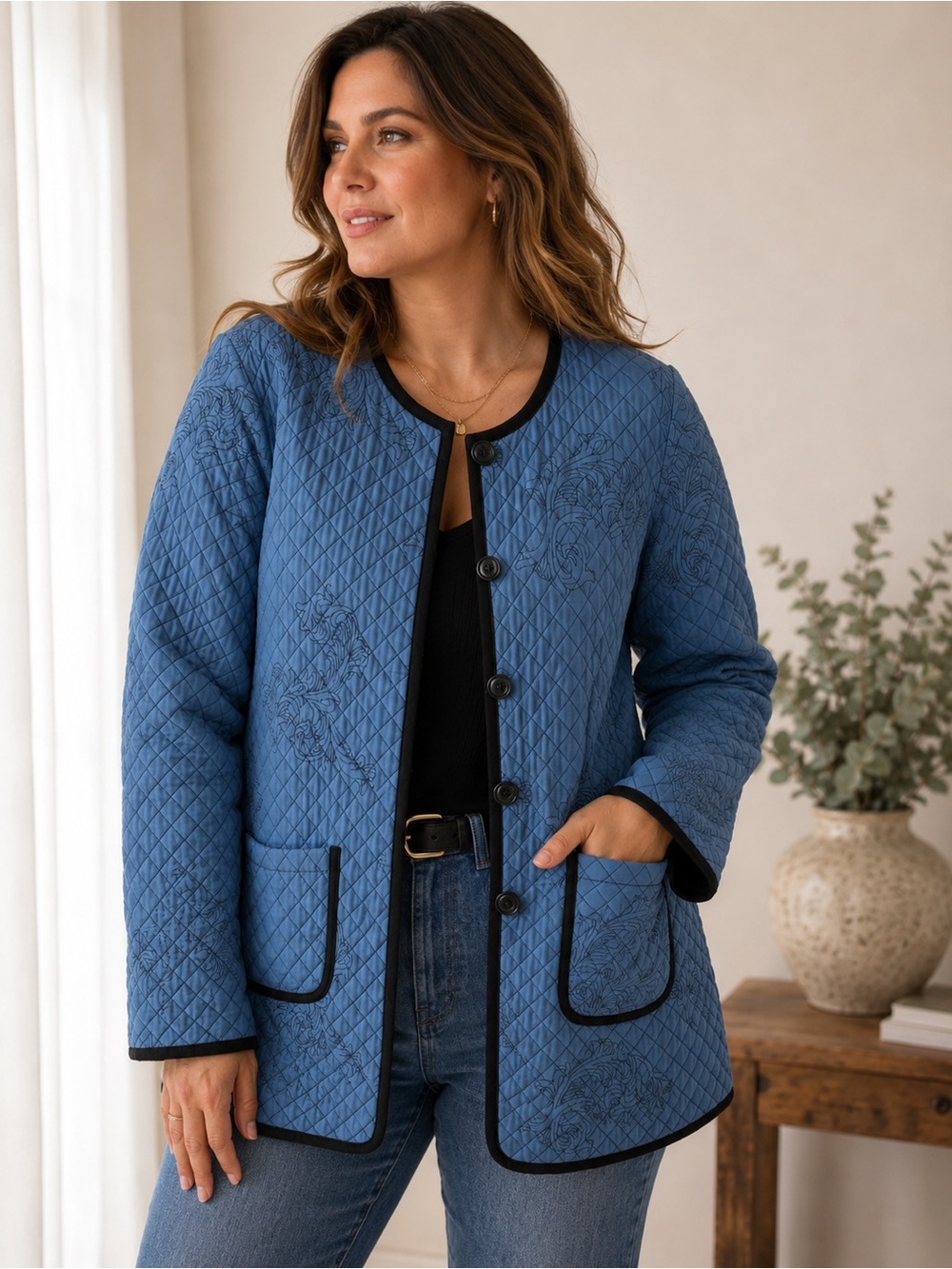 Soft Surroundings Quilted Blue Button-Front Puffer Jacket with Black Trim - Picture 2 of 7